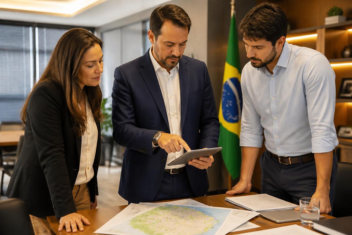 Equipe de mandato revisando demandas em um mapa